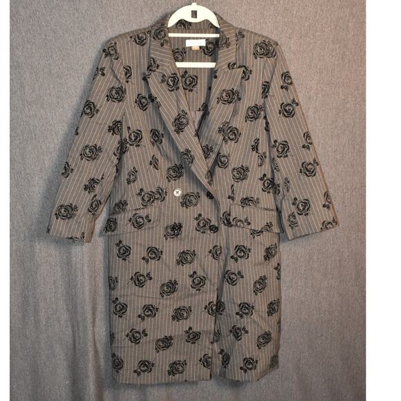 Calvin Klein Long Blazer Women's 12 Black Rose Silhouette Pattern Noir Floral - Picture 1 of 12